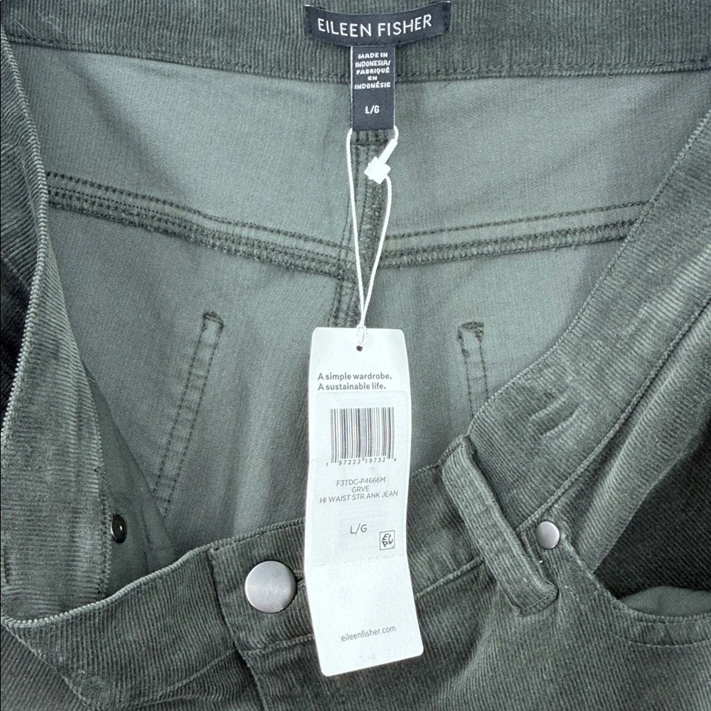 Eileen Fisher Organic Cotton Stretch Corduroy Straight Ankle Pants L (14-16) GRV